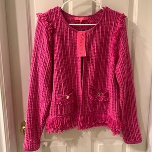 Lilly Pulitzer chic sweater knit Fuscia and pink blazer with gold buttons SIZE L